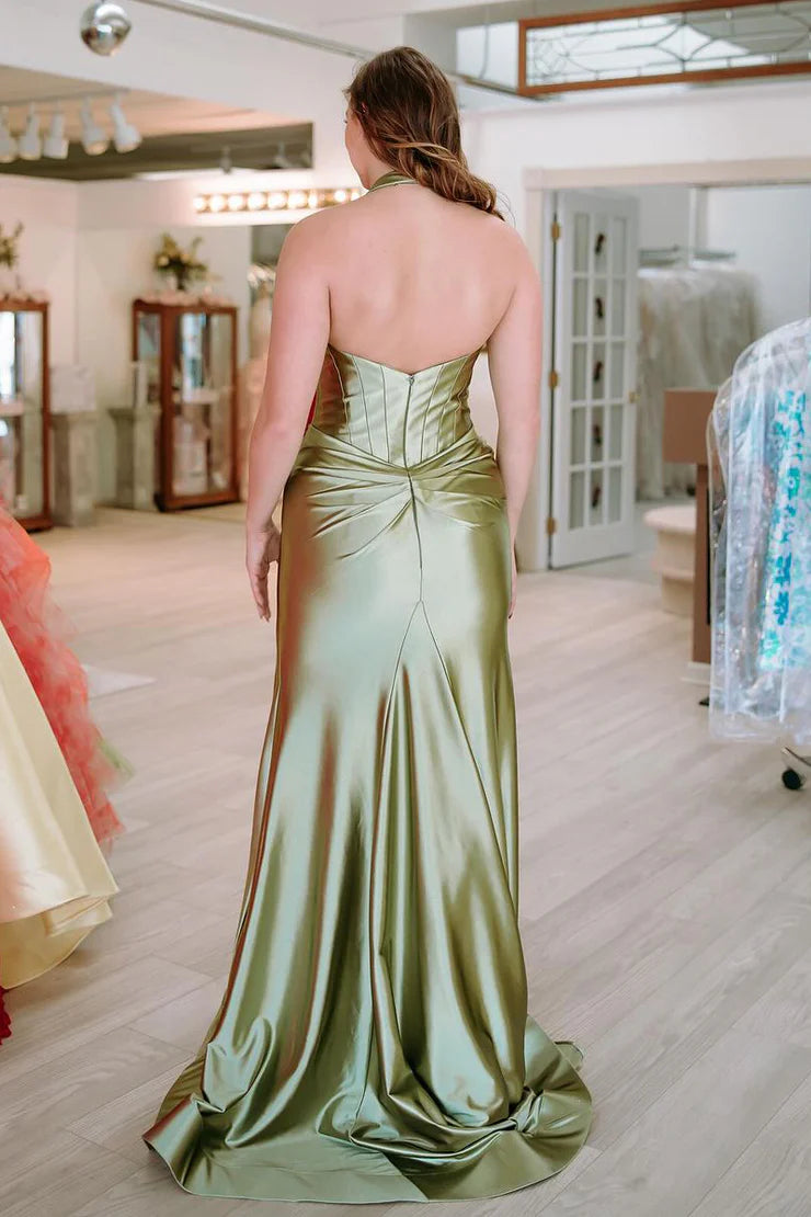 Robe de bal longue en satin vert sauge avec fente et col licou sirène classique Weitese